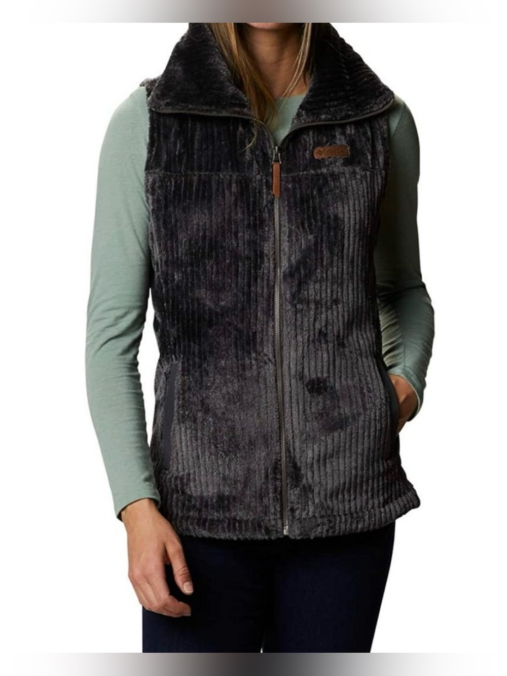 Columbia Fire Side Sherpa Fleece Vest Dark Charcoal Gray Full Zip Size Small